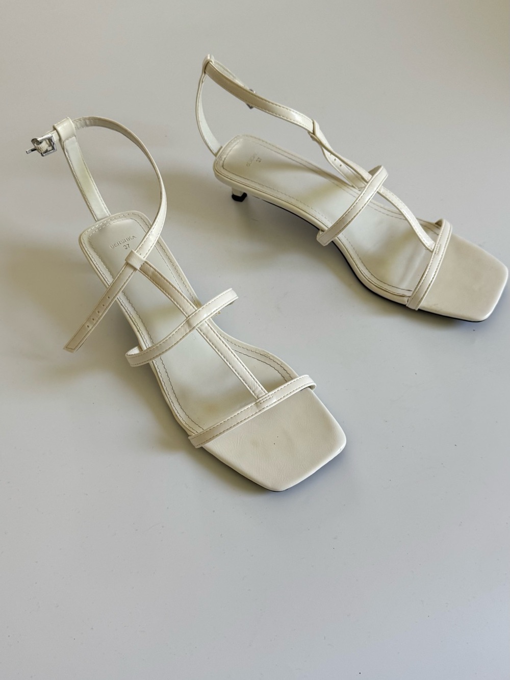 Bershka Cream Strappy Square-Toe Kitten Heels